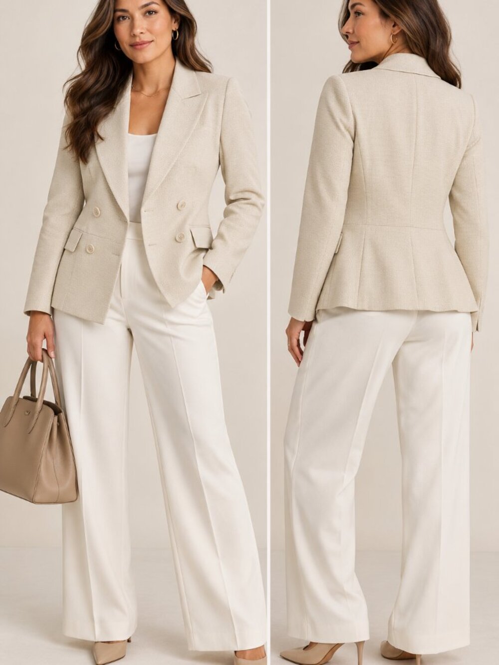 Elie Tahari Beige Textured Double Breasted Tailored Blazer Size 10